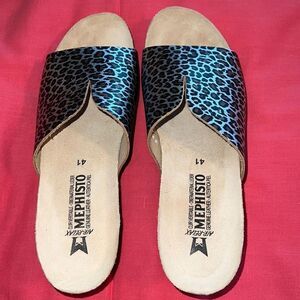 MEPHISTO leopard slides. Briefly worn inside. Size 41. US10. Cork sole